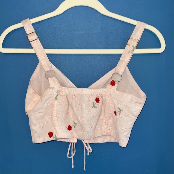 Seven Wonders Pink Eyelet Embroidered Floral Lace Tie Crop Top - Size XS - Picture 2 of 8